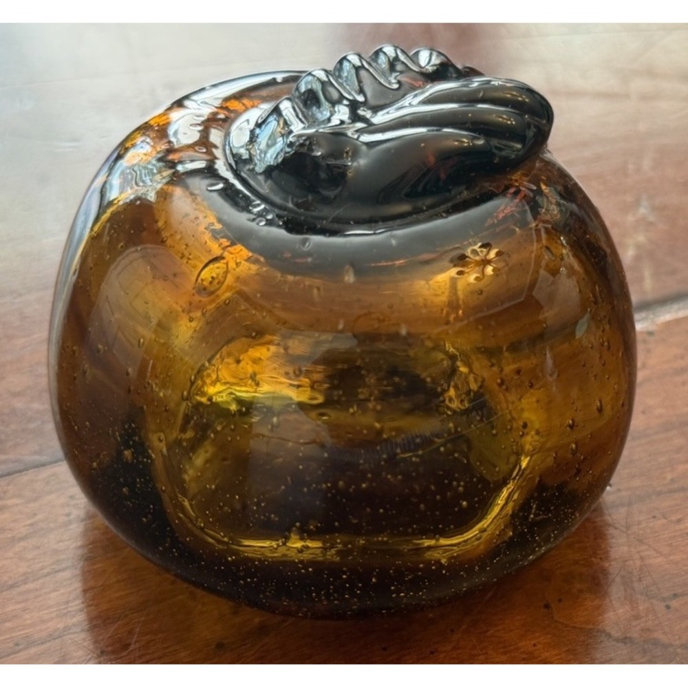 Vintage Amber Art Glass Apple Paperweight Figurine Applied Ribbed Stem Fall MCM